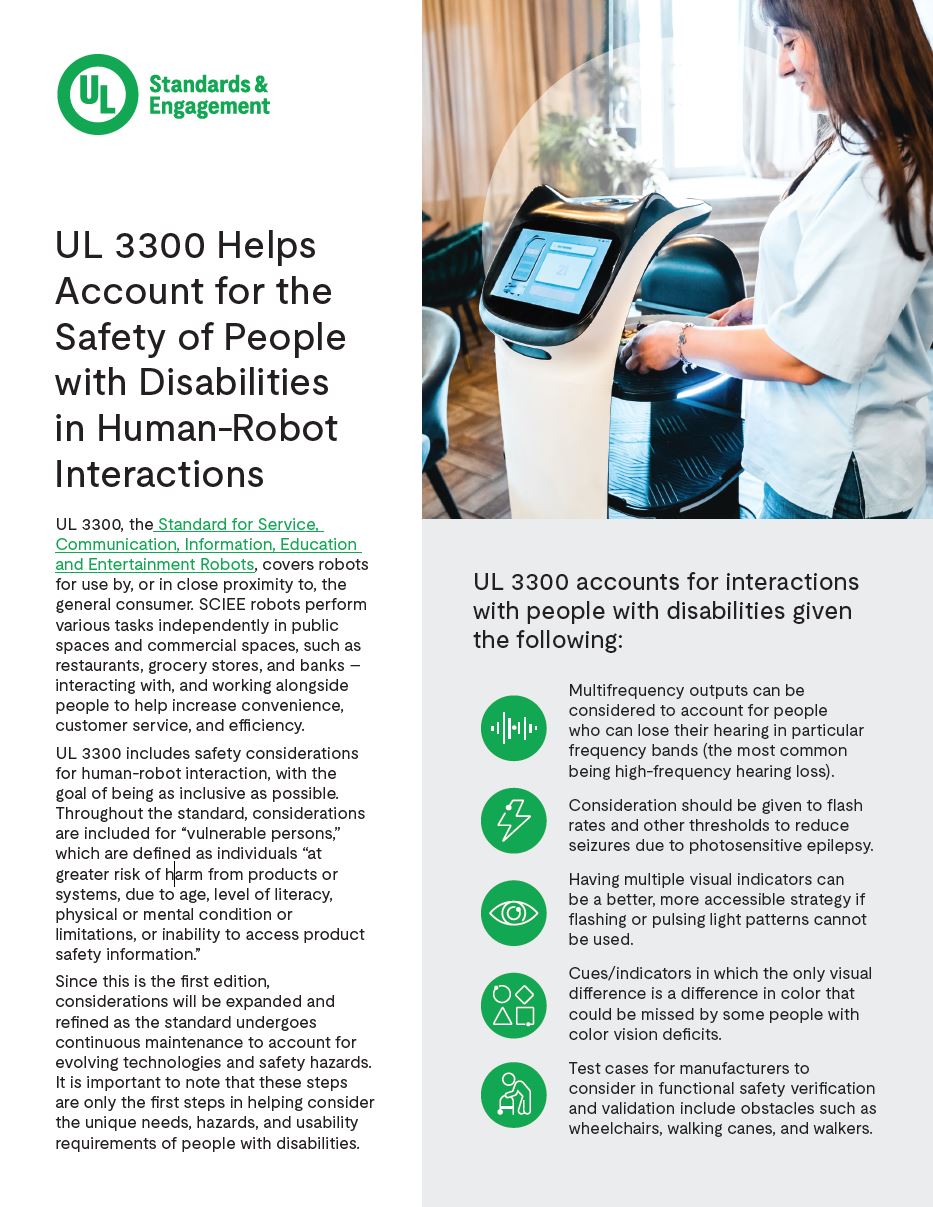 A flyer titled “UL 3300 Helps Account for the Safety of People with Disabilities in Human-Robot Interactions,” featuring a woman in a wheelchair interacting with a touchscreen, text, and icons about accessibility considerations.